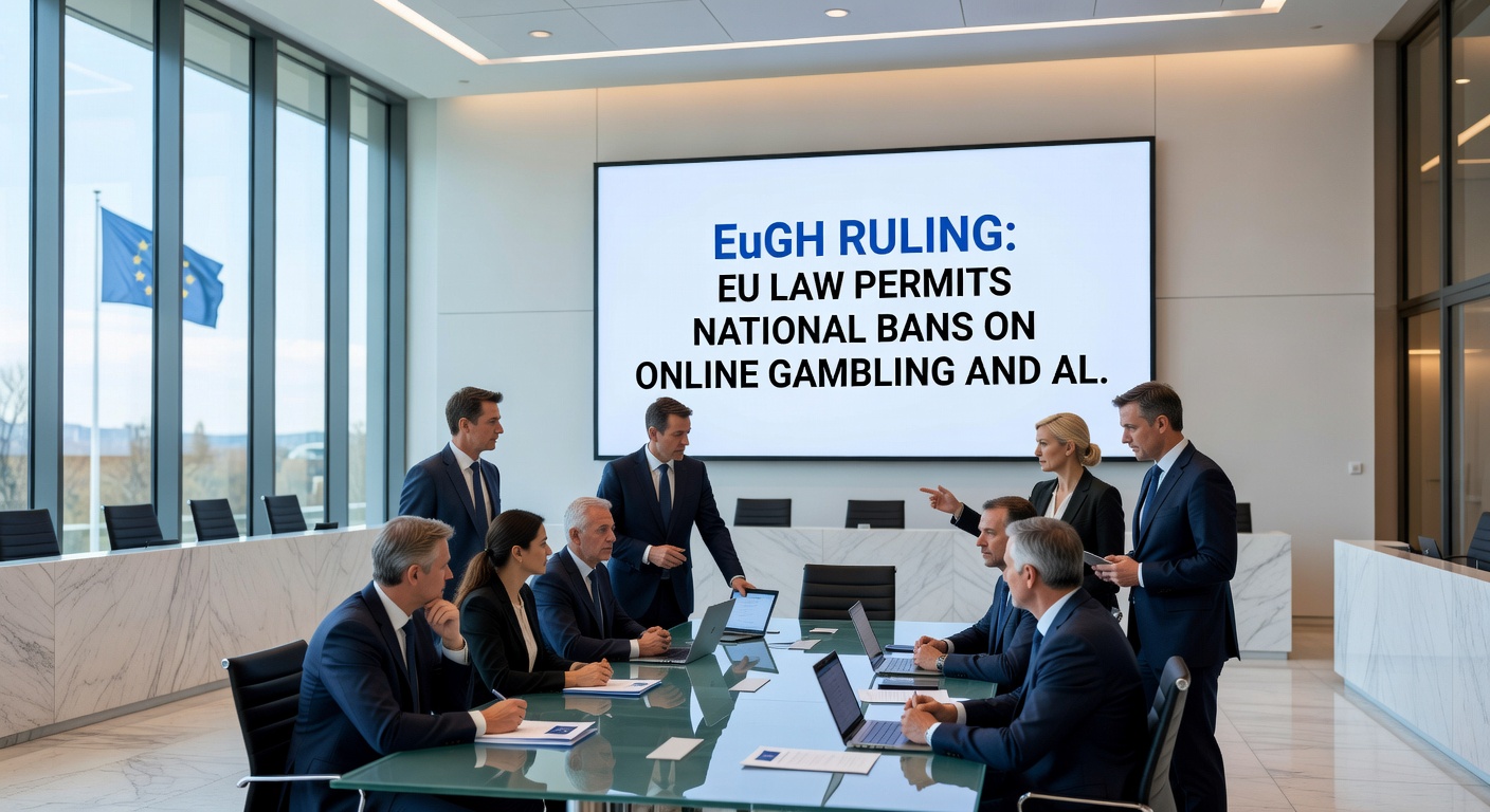 Grafik mit Waage, die EU-Flagge und deutsche Gerichtshammer darstellt, illustriert den Konflikt zwischen EU-Recht und nationalem Glücksspielrecht