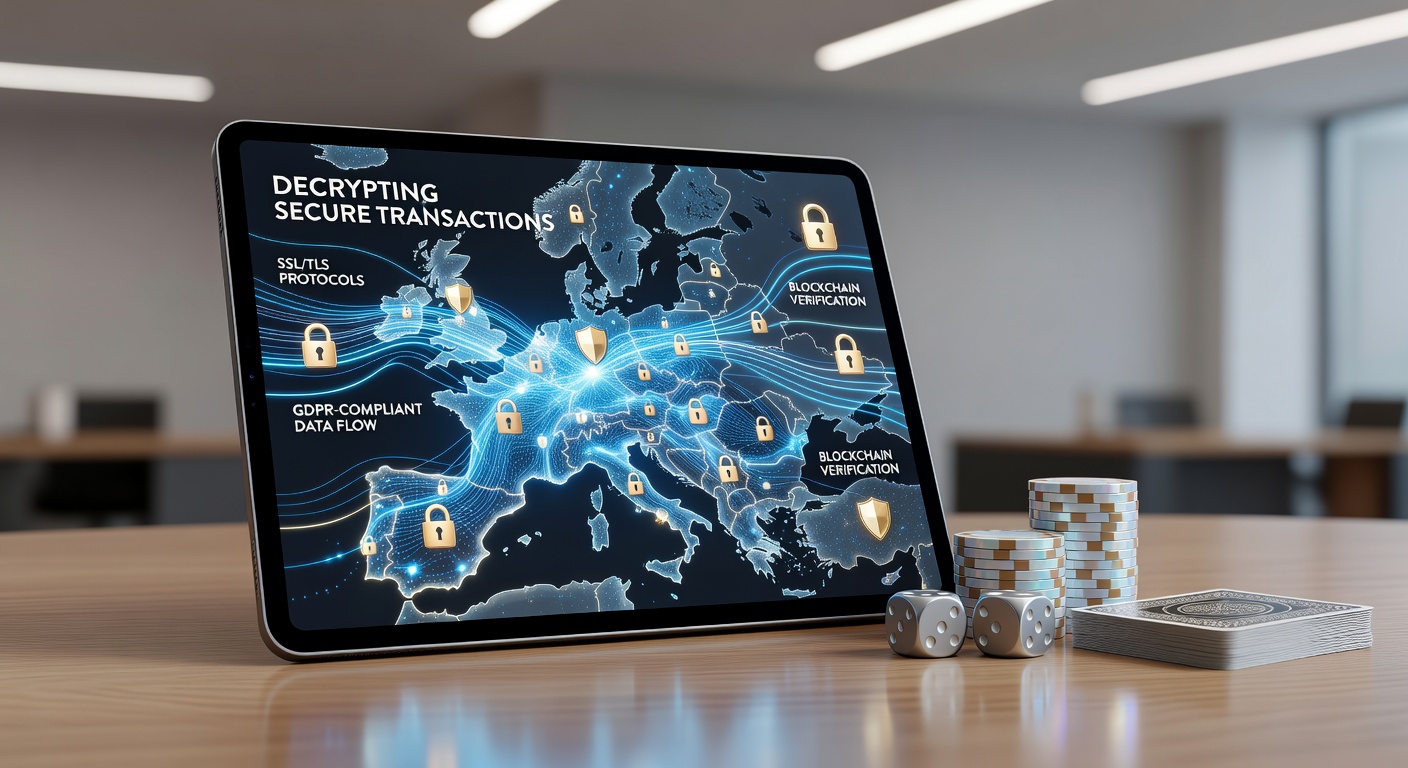 Illustration von sicheren Transaktionsprotokollen in mobilen Tischspielen mit Verschlüsselungssymbolen und europäischen Kartenmotiven